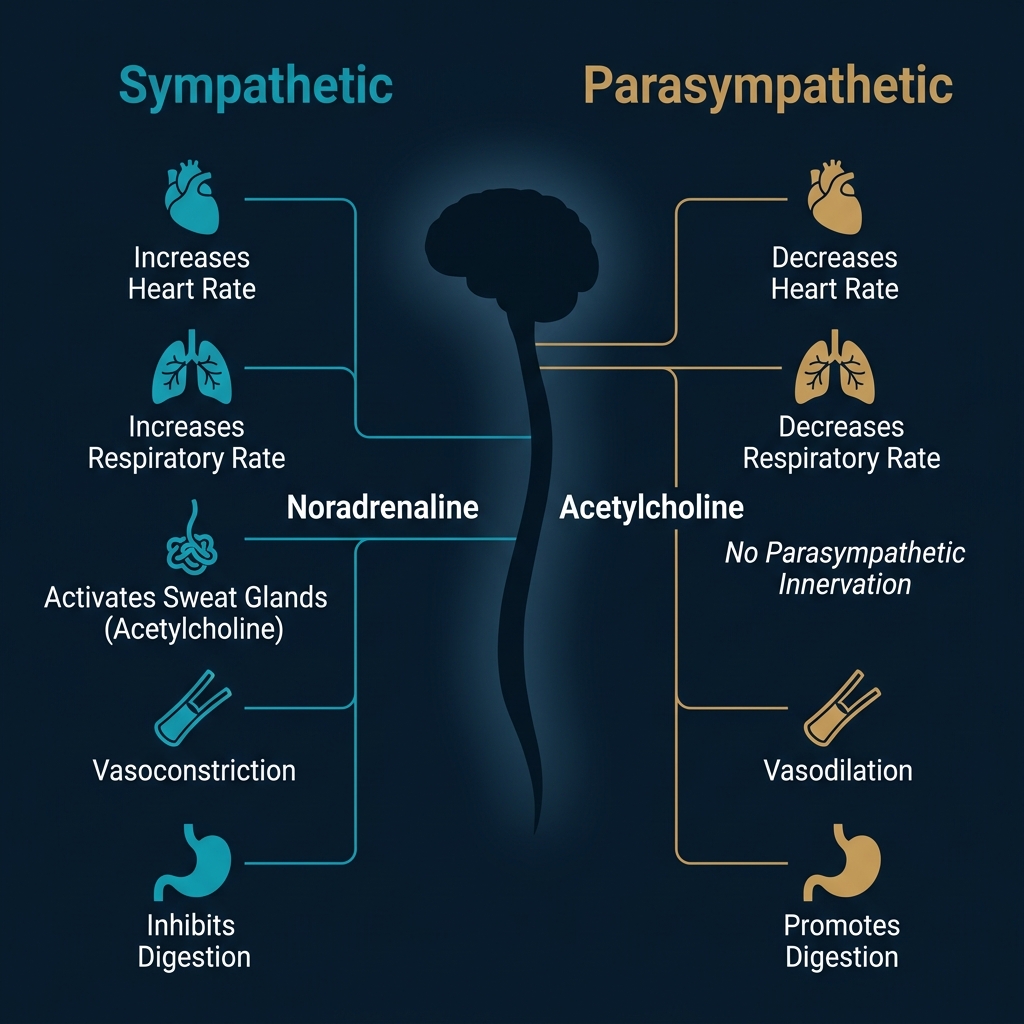 Diagram of the autonomic nervous system showing the sympathetic and parasympathetic branches and their opposing effects on the heart, lungs, sweat glands, and vasculature