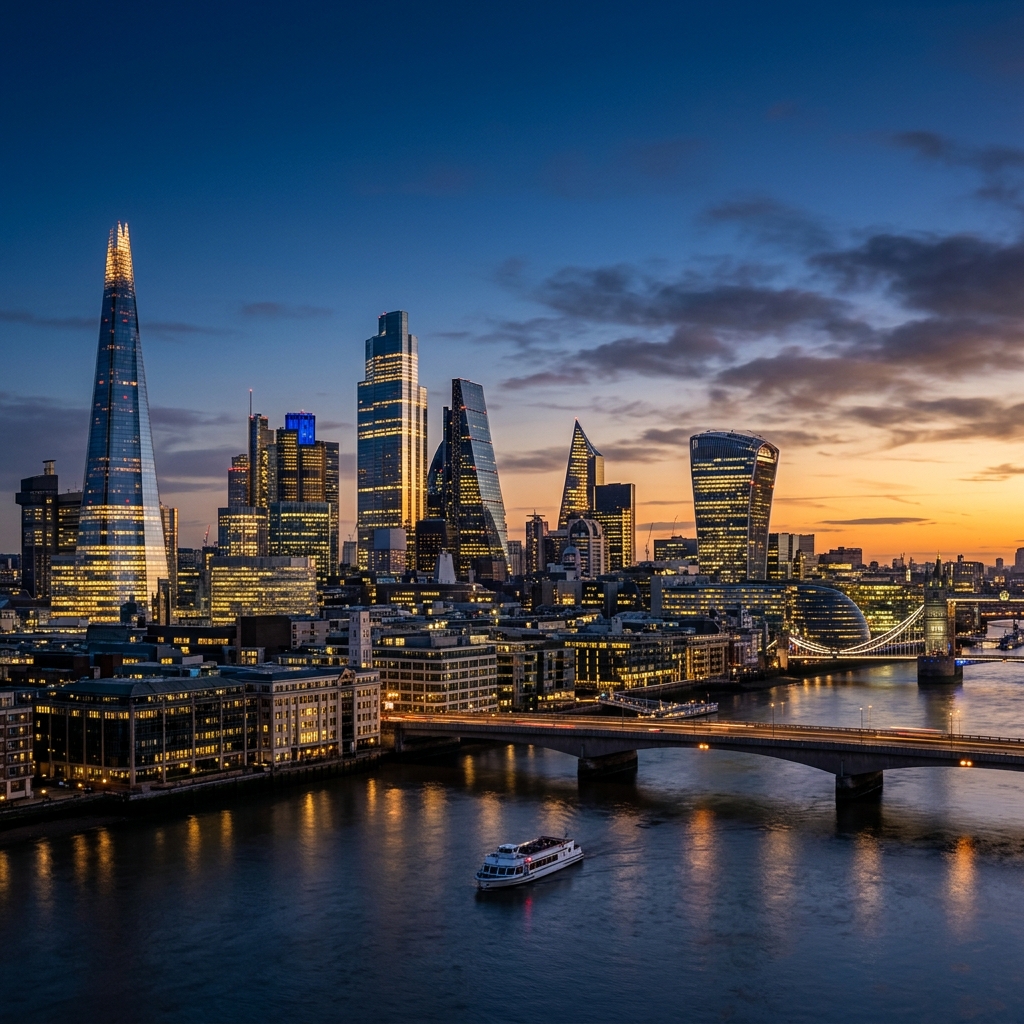 London financial district skyline at twilight