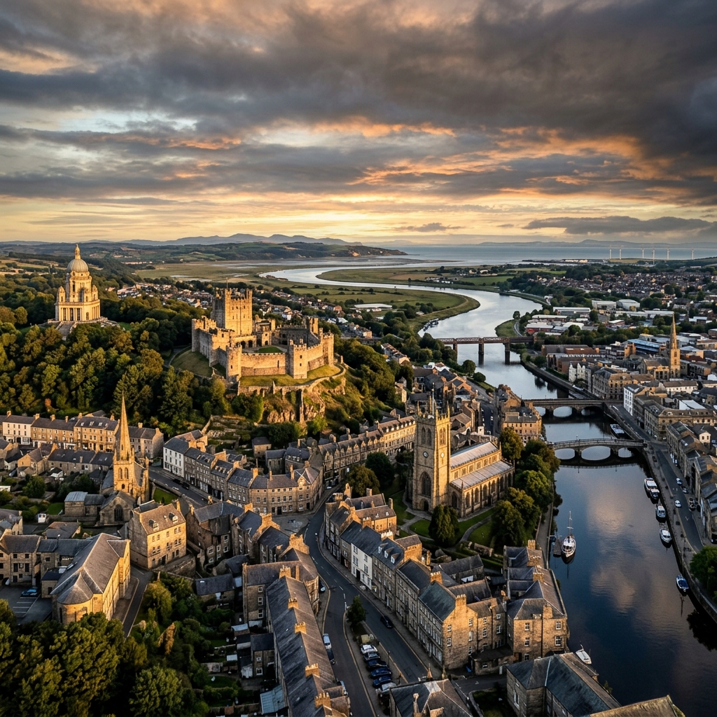 Lancaster skyline panorama featuring Lancaster Castle and the Ashton Memorial