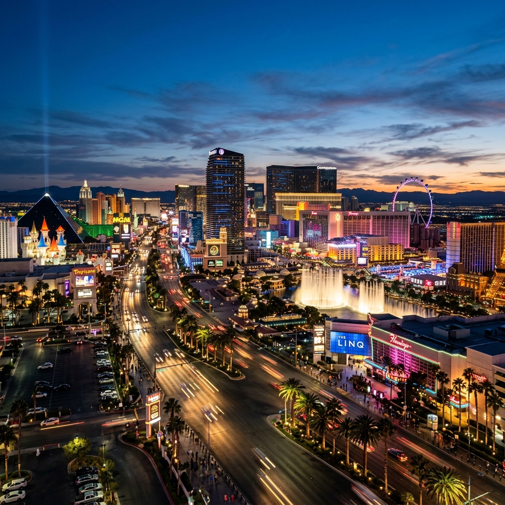 Las Vegas skyline and polygraph test venue