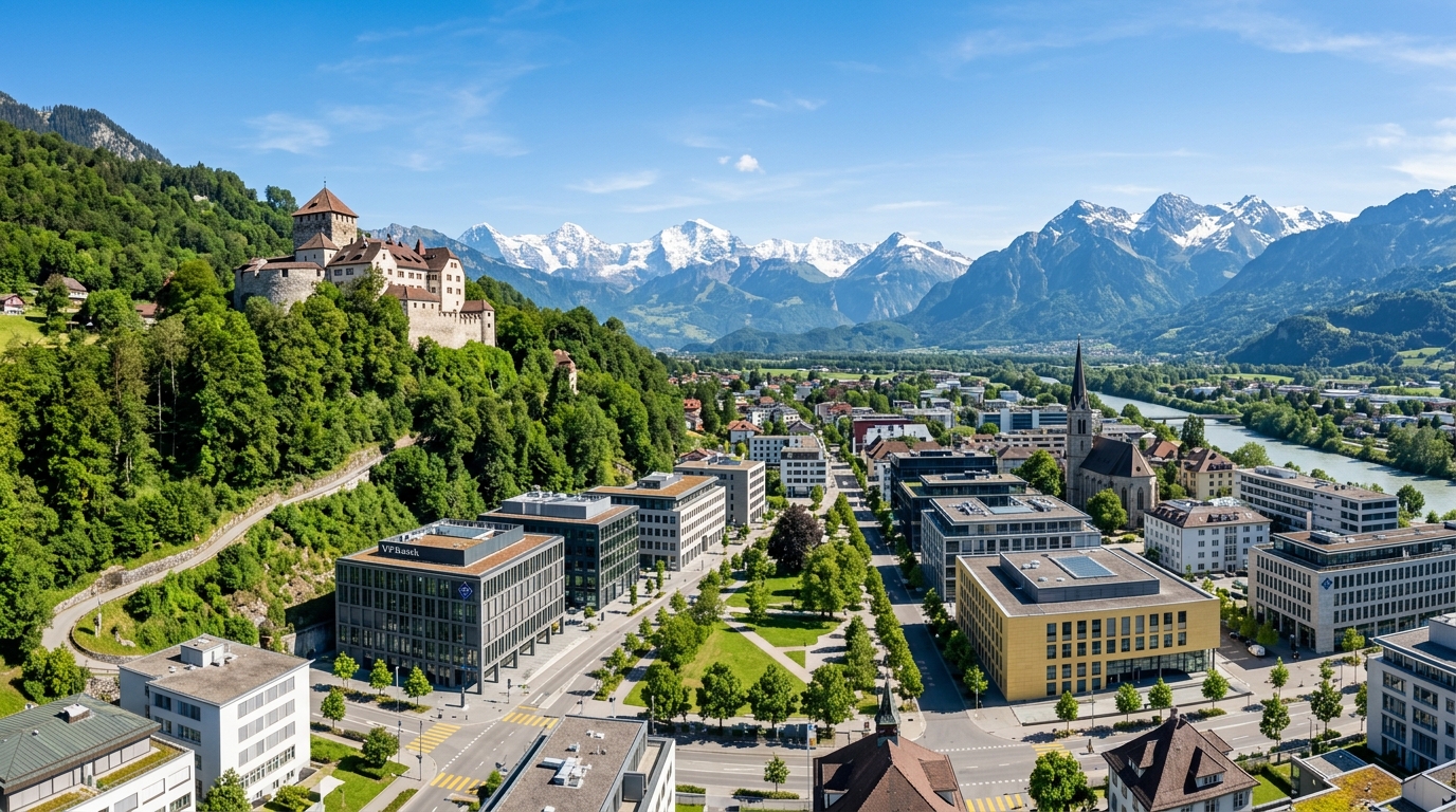 Vaduz panorama with Schloss Vaduz and the financial district, Liechtenstein