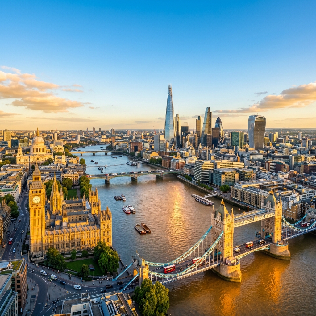 London skyline panorama and polygraph test venue