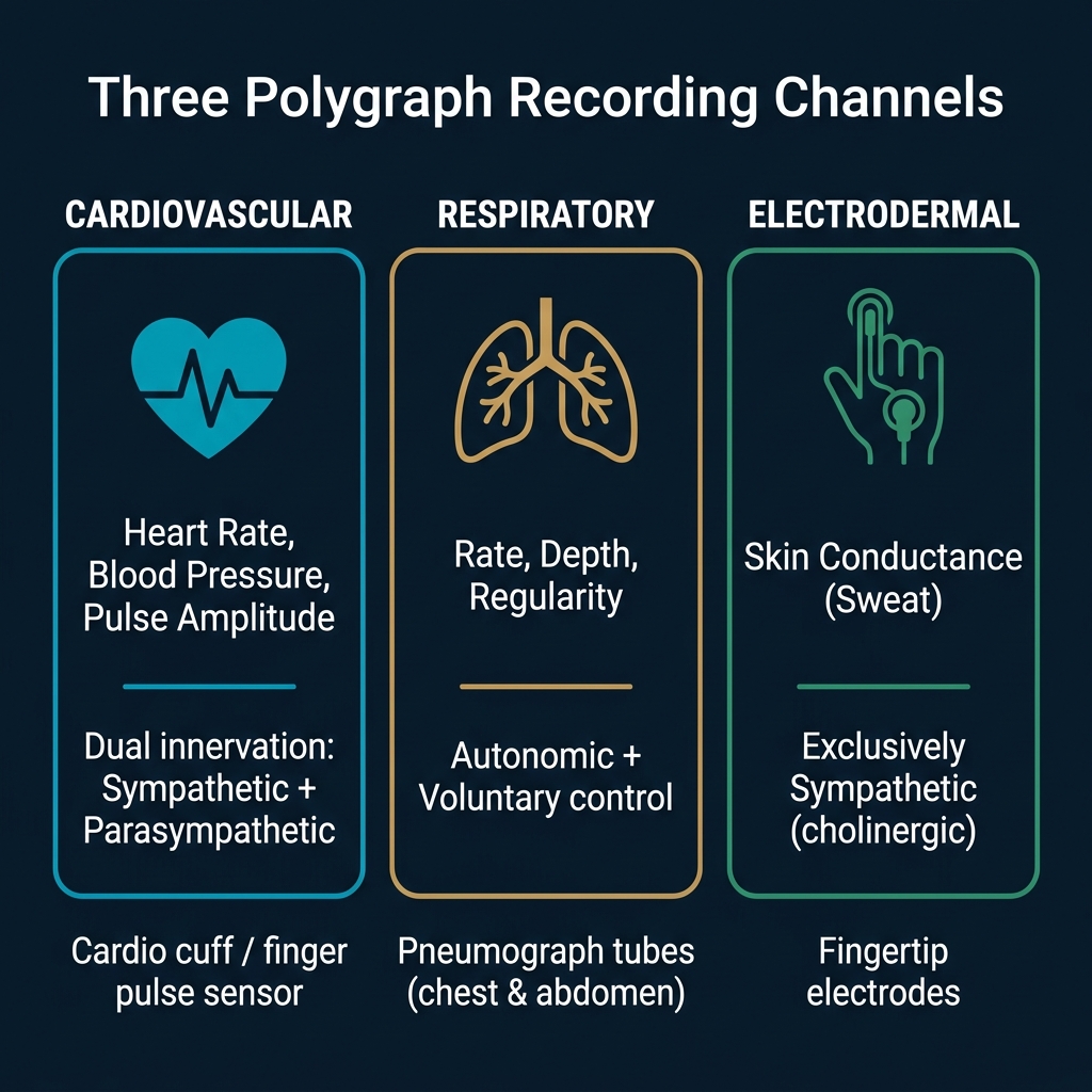 Infographic showing the three primary polygraph recording channels: cardiovascular, respiratory, and electrodermal, with their autonomic nervous system pathways