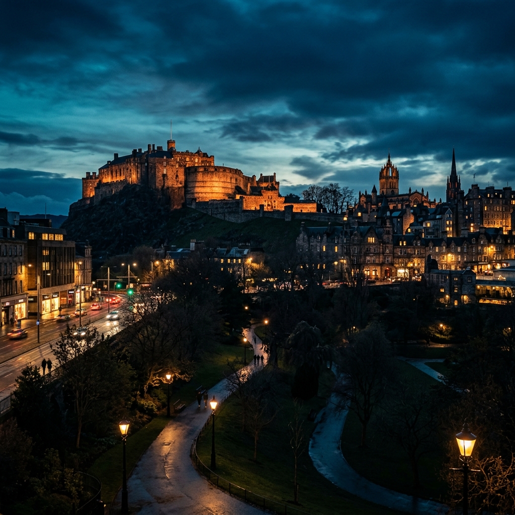 Edinburgh Castle and Old Town skyline at dusk