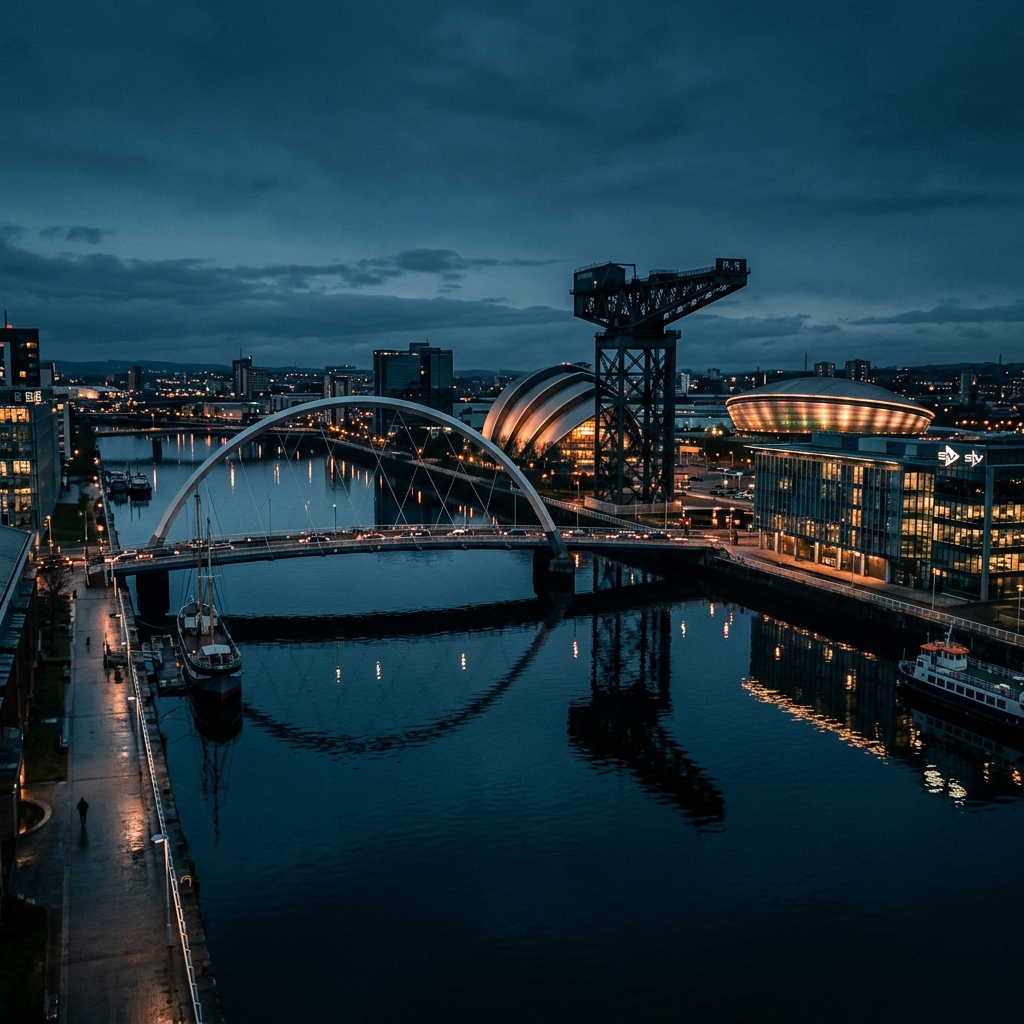 Glasgow city centre skyline at dusk with the River Clyde