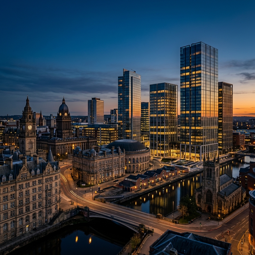 Leeds city centre skyline at dusk