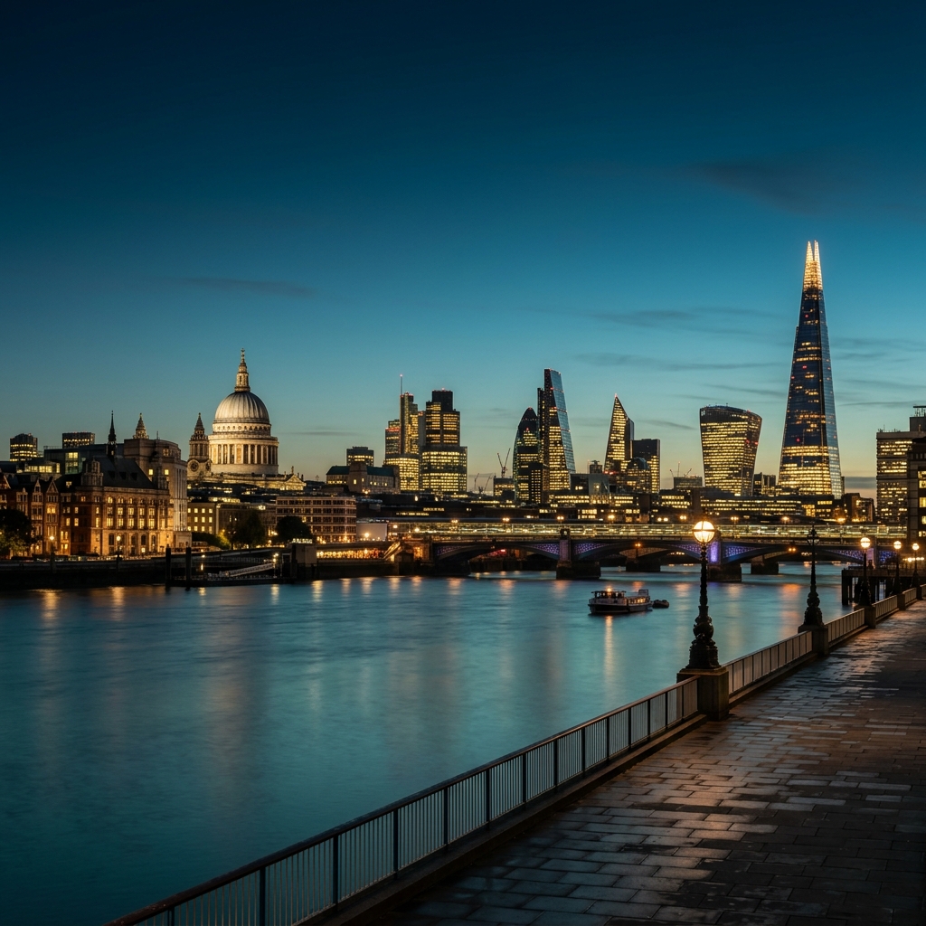 London skyline featuring the City and legal district at dusk