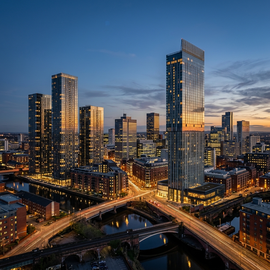 Manchester city centre skyline at dusk
